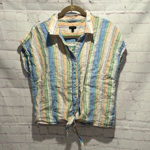 Talbots Striped Short-Sleeve Button-Down Linen Shirt Woman’s size large